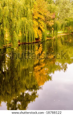 Beautiful autumn background with trees reflecting in water