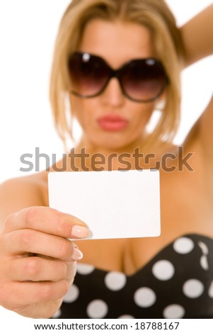 stock photo Beautiful hot girl holding blank business card