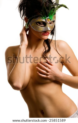 stock photo Beautiful naked brunette with carnival mask isolated