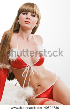 stock photo Hot young girl posing in red christmas lingerie