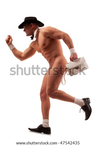 Muscular naked male stripper running with ladies\' purse
