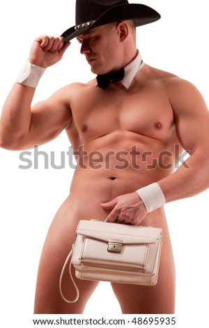 stock photo Muscular naked male stripper with purse