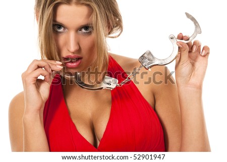 stock photo Sexy natural blonde with handcuffs isolated on white