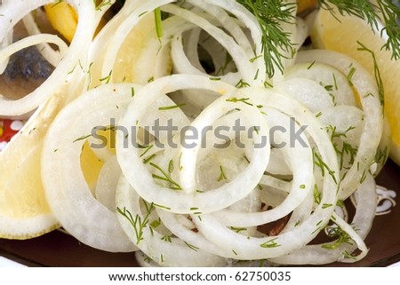 Pickled onions rings with lemon and dill