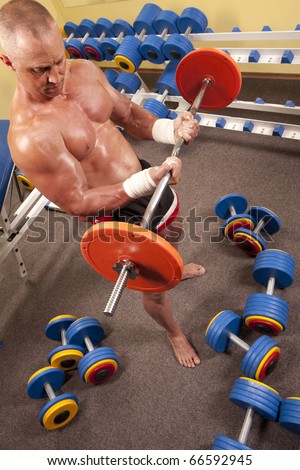 Fitness - powerful muscular man with a bar weights in hands training