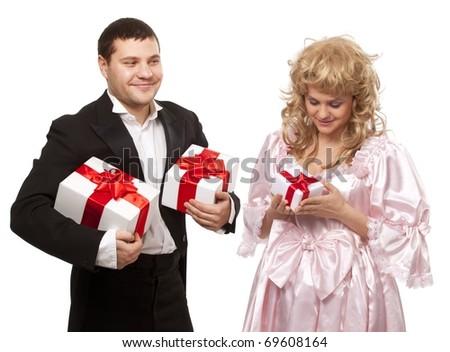 Victorian couple with gift boxes. Isolated over white background
