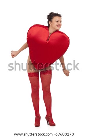 Young woman in Heart suit over white