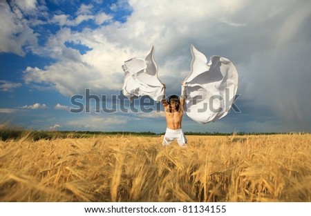 Male angel with white wings on wheat field