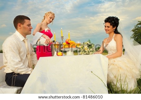 stock photo Bride and groom sitting at wedding table on the field