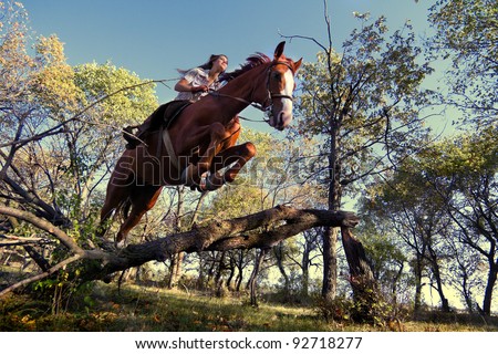 Image of Beautiful girl with purebred horse, jumping a hurdle in forest