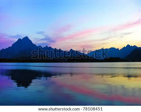 Lofoten landscape view in sunset, Norway