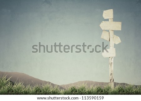 vintage picture of wooden signpost with grass and blue sky