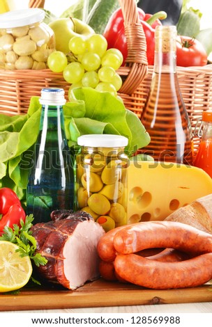 Composition with variety of grocery products including vegetable, fruits, meat, dairy and wine