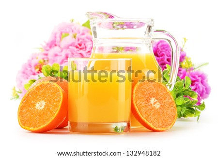 Composition with glass and jug of orange juice Composition with glass and jug of orange juice