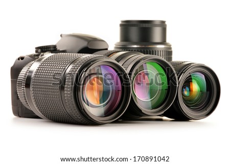 Composition with photo zoom lenses isolated on white background Composition with photo zoom lenses isolated on white background