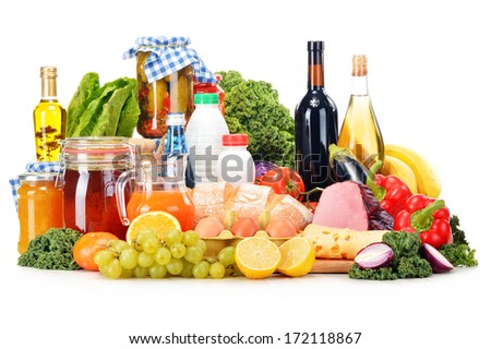 Composition with variety of grocery products isolated on white