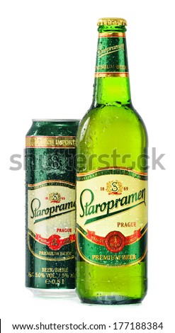 POZNAN, POLAND - February 14, 2014: Staropramen is the flagship product of Staropramen Brewery. The company owned by Molson Coors and located in Prague is the second largest brewery in the Czech Rep.