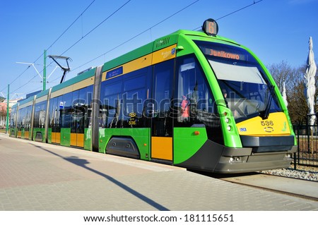 POZNAN, POLAND - MARCH 8, 2014: introduced in 2010, streetcar Tramino is a product of Solaris Bus & Coach, bus, coach, trolleybus and tram manufacturer based in Bolechowo near Poznan, Poland