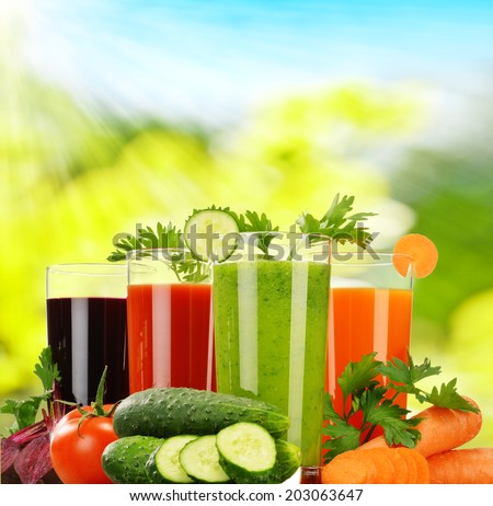 Glasses with fresh vegetable juices. Detox diet.