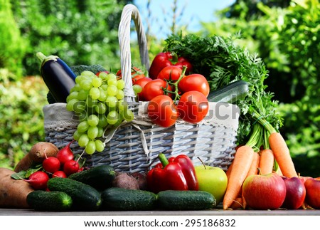 Variety of fresh organic vegetables and fruits in the garden. Balanced diet