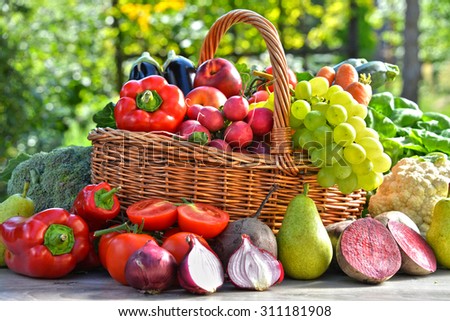 Fresh organic vegetables and fruits in the garden. Balanced diet