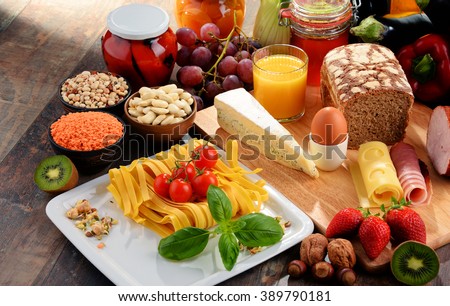 Composition with variety of organic food products on kitchen table