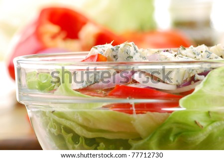 Vegetable salad bowl and salad ingredients