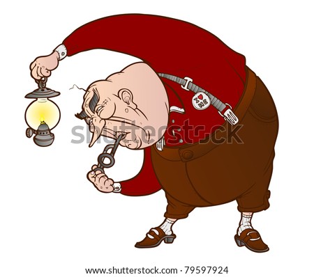 old obese man with an oil lamp in his hand