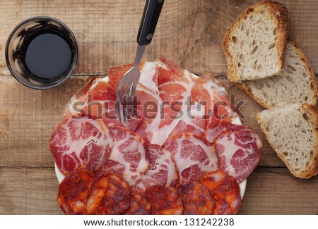 dish of sliced smoked ham and sausage - top view