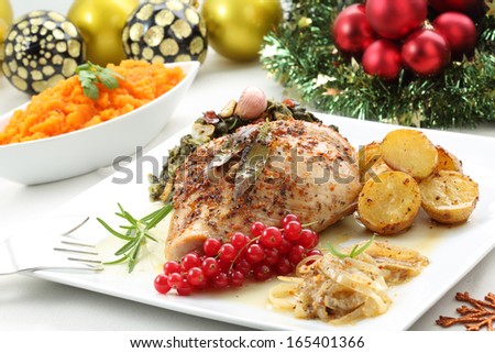 Dish Of Roasted Turkey Breast On A Christmas Table