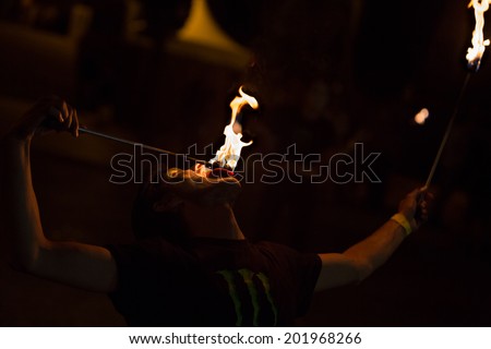 LOULE - JUNE 26: street fire performers at festival med, a world music festival in Loule, Portugal, June 26, 2014