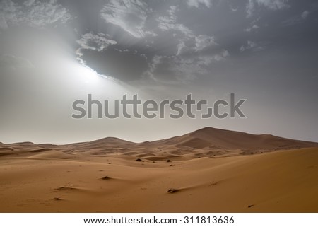 view of Erg Chebbi Dunes in Morocco-  Sahara Desert - during sand storm
