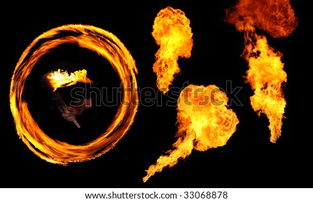 fire explosions isolated on black. arm with a torch. design elements