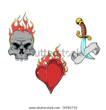 stock photo Flaming skull flaming heart and dagger tattoos