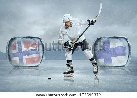 Ice hockey players in the ice. Game between Norway and Finland