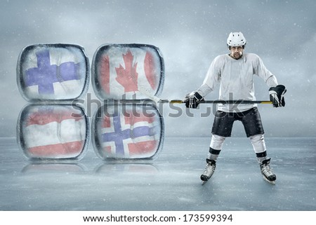 Ice hockey players in the ice. Finland, Canada, Austria, Norway nationals teams