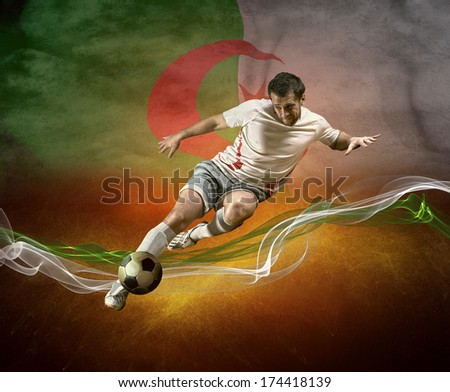 Hot soccer ball in fires flame, national flag of Algeria