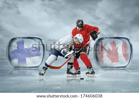 Ice hockey players in the ice. Game between Finland and Canada national teams