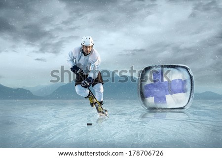 Ice hockey player on the ice. Finland national team.