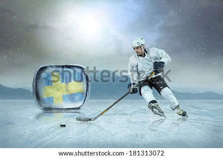 Ice hockey player on the ice, outdoor. Sweden national team