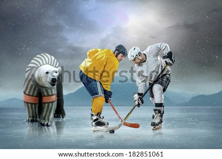 Ice hockey players on the ice and polar bear