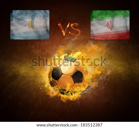 Hot soccer ball in fires flame, game Argentine and Iran