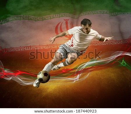 Abstract waves aroun soccer player on the national flag of Iran