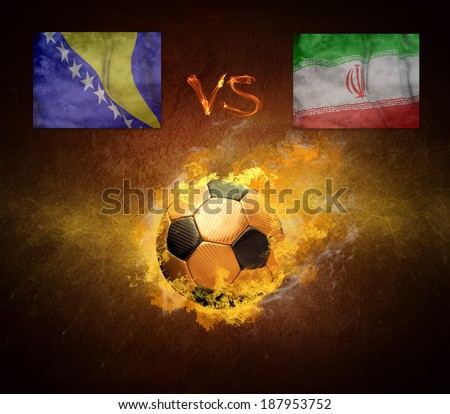 Hot soccer ball in fires flame, game Bosnia and Herzegovina and Iran