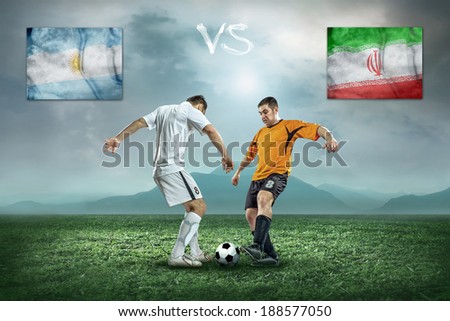 Soccer player stay at field. Game between Argentina and Iran national teams.