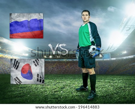 Soccer player stay at field. Game between two national teams.