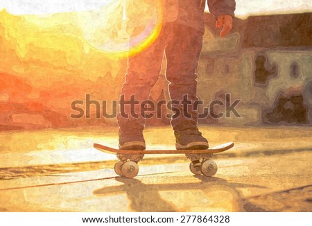 Child with skateboard on the street at sunset light, oil canvas art effect