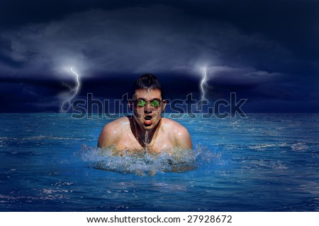 Beautiful blue sea with clouds and lightning on sky and swimmer