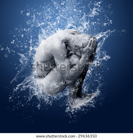 Water drops around men under water on blue background