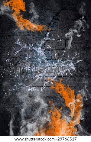 fire, smoke and water drops on the grunge background